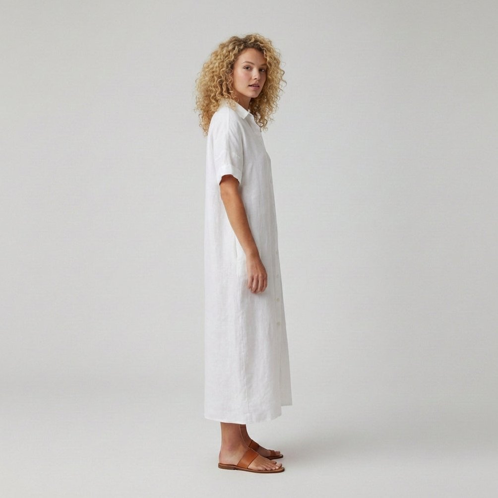 Elin Button Down Shirt Maxi Dress for Women with Short Sleeves