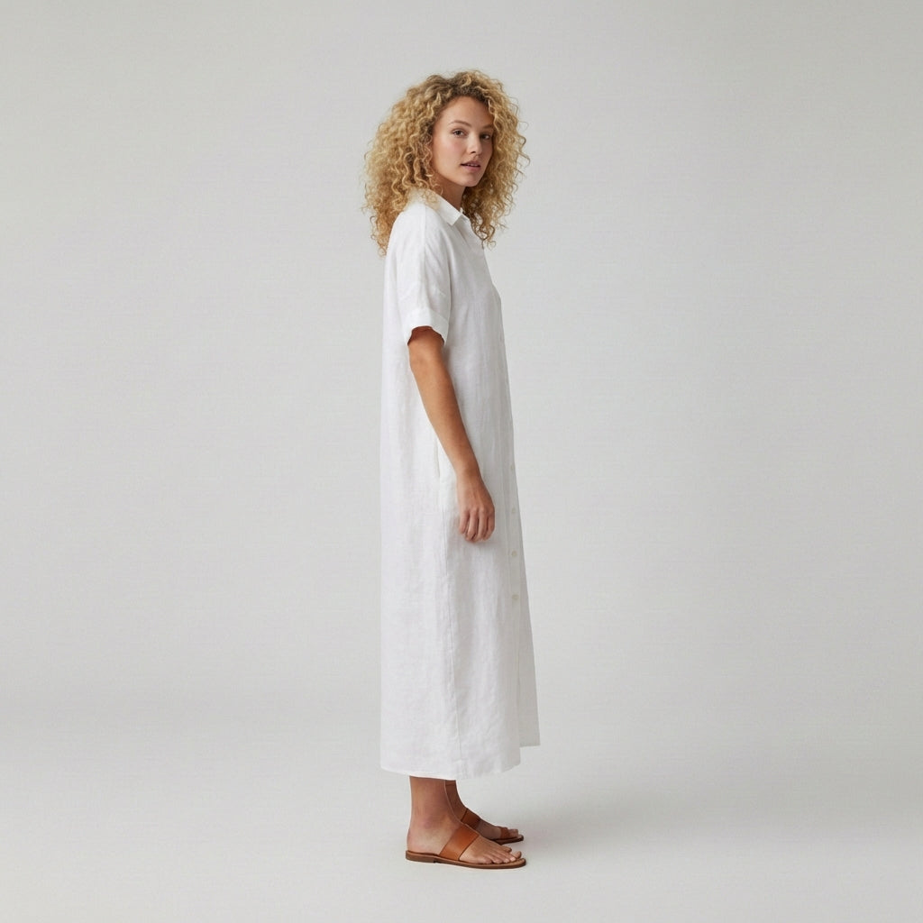 Elin Button Down Shirt Maxi Dress for Women with Short Sleeves