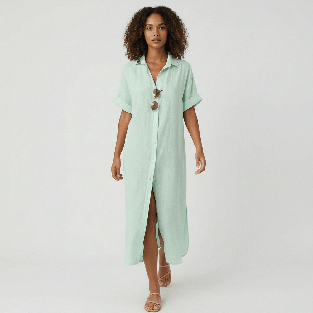 Elin Button Down Shirt Maxi Dress for Women with Short Sleeves - Mint Green