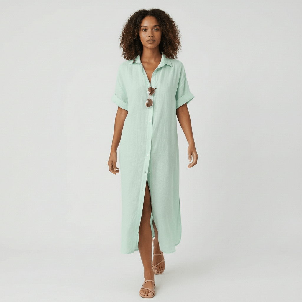 Elin Button Down Shirt Maxi Dress for Women with Short Sleeves - Mint Green