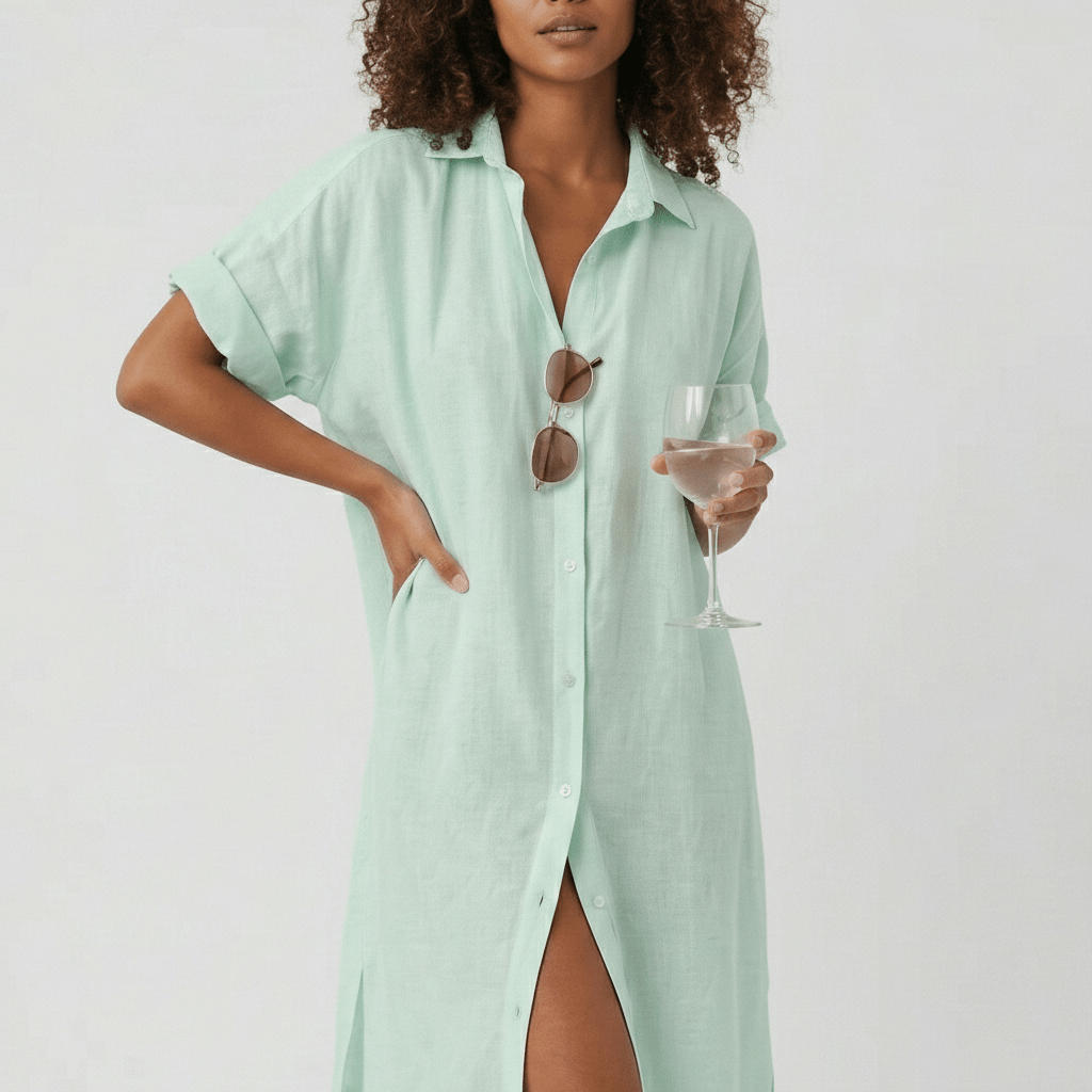 Elin Button Down Shirt Maxi Dress for Women with Short Sleeves