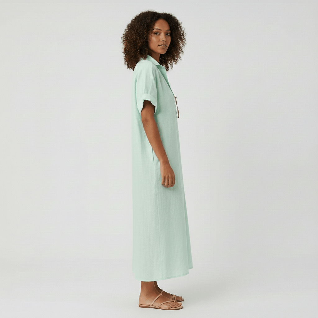 Elin Button Down Shirt Maxi Dress for Women with Short Sleeves