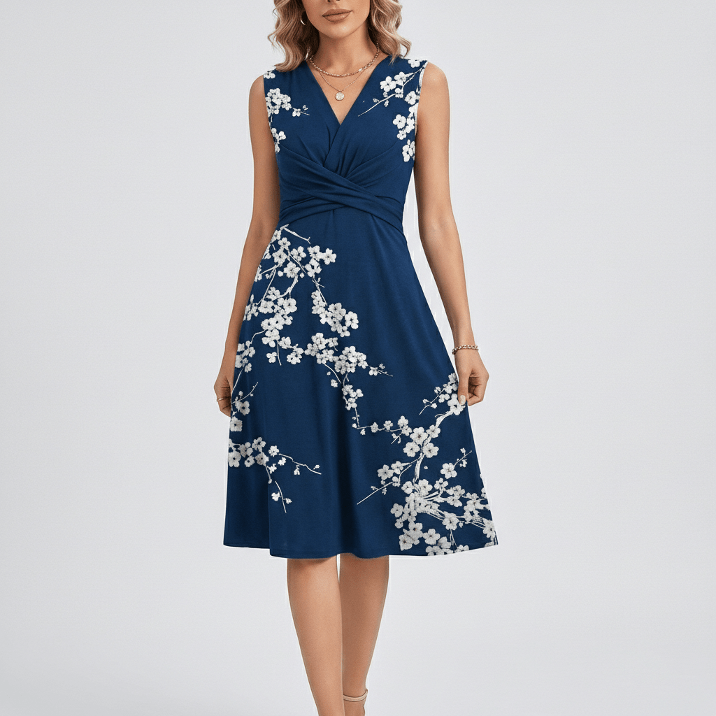Emily Sleeveless Midi Dress with V-Neck and Twist Waist - Midnight Navy