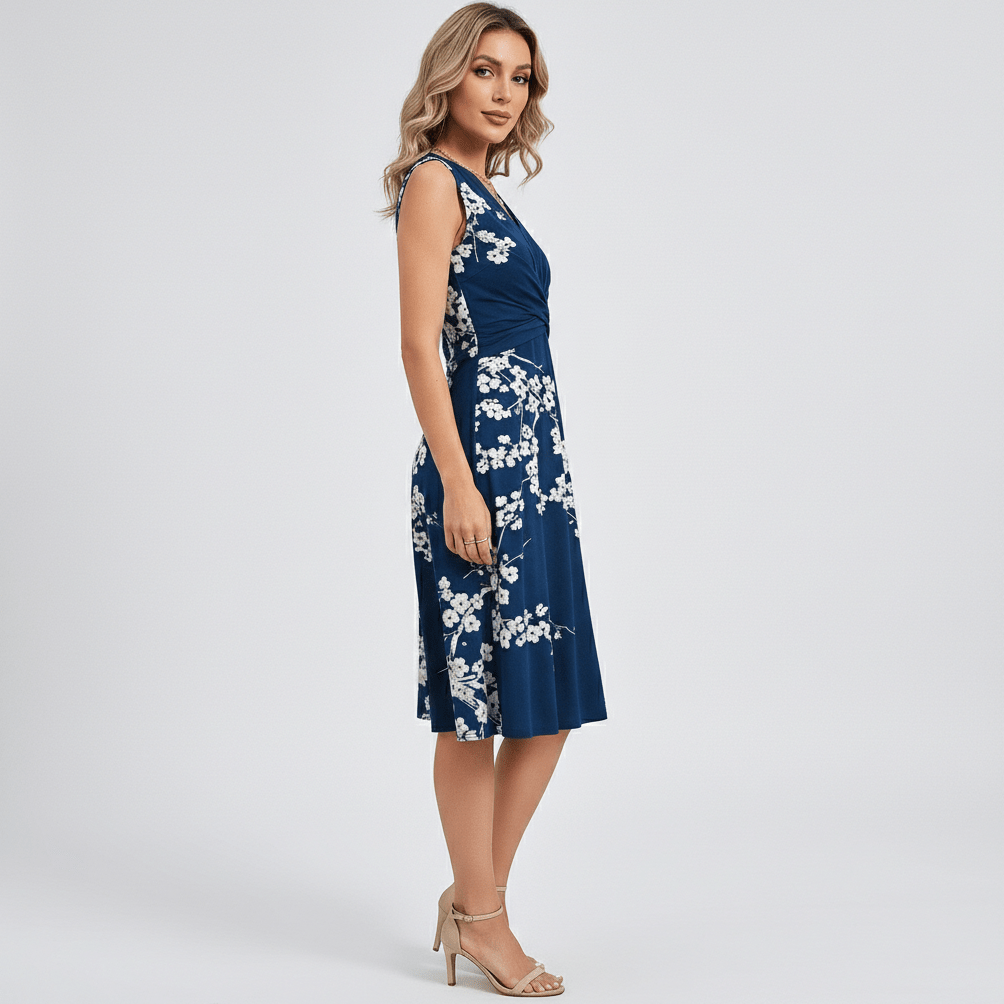 Emily Sleeveless Midi Dress with V-Neck and Twist Waist