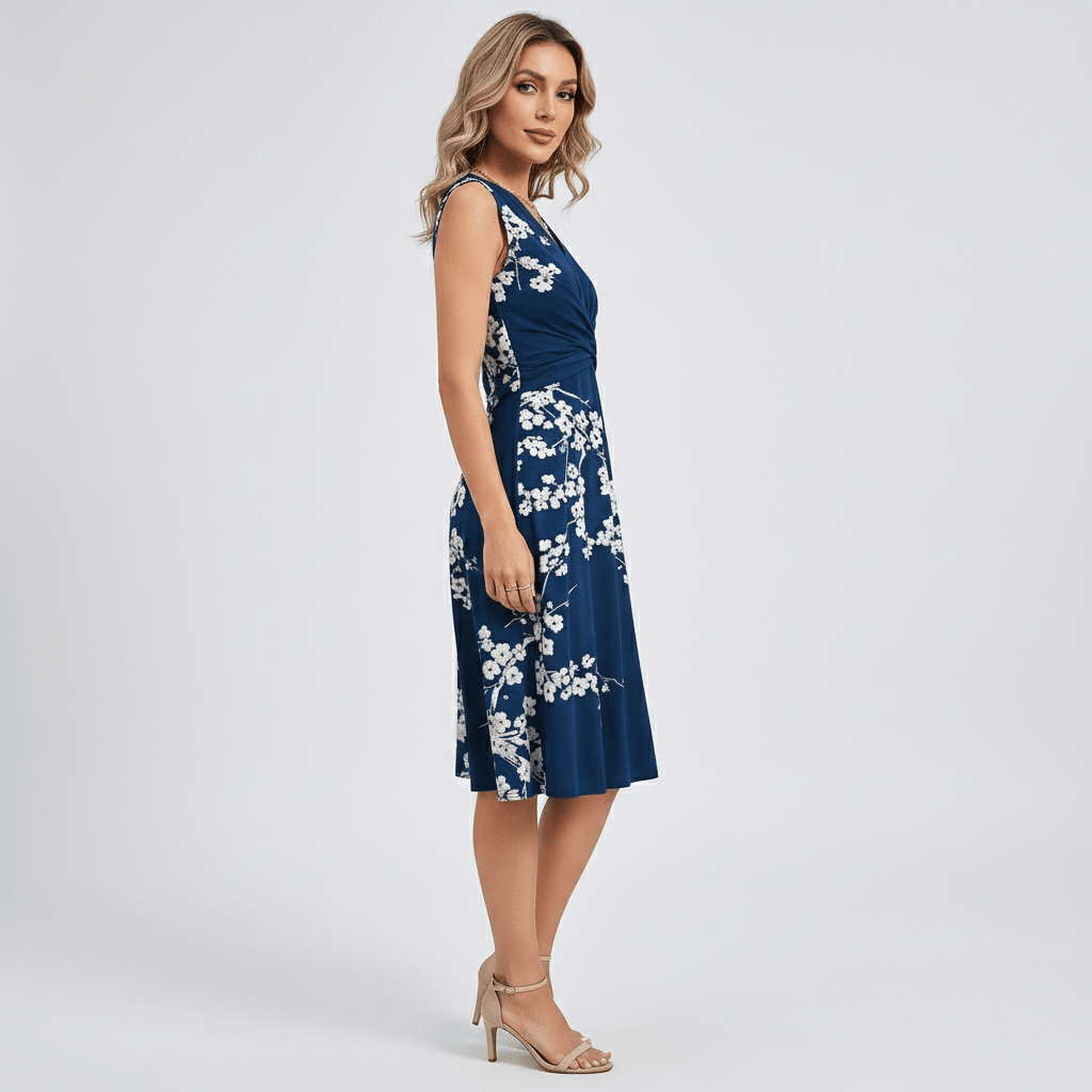 Emily Sleeveless Midi Dress with V-Neck and Twist Waist