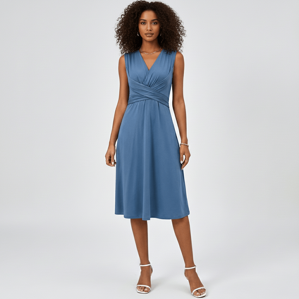 Emily Sleeveless Midi Dress with V-Neck and Twist Waist - Sky Blue