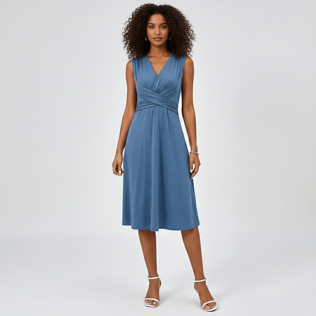 Emily Sleeveless Midi Dress with V-Neck and Twist Waist - Sky Blue