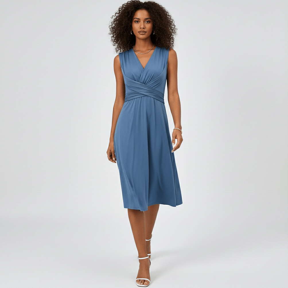 Emily Sleeveless Midi Dress with V-Neck and Twist Waist