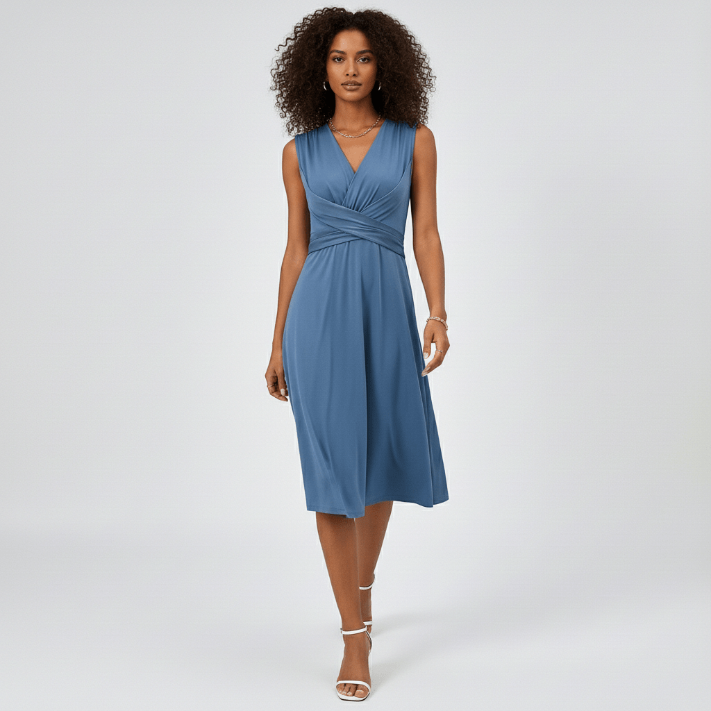 Emily Sleeveless Midi Dress with V-Neck and Twist Waist