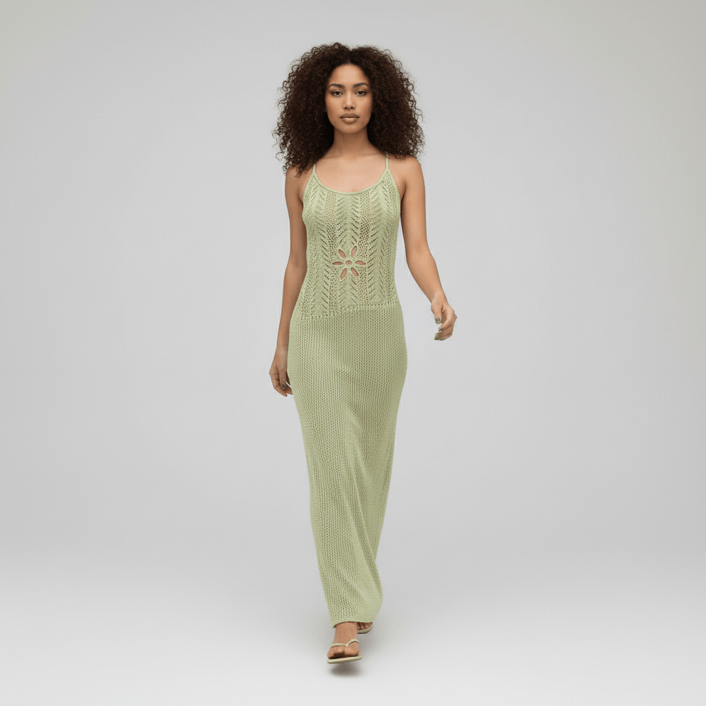 Eva Green Crochet Knit Maxi Dress with Scoop Neck