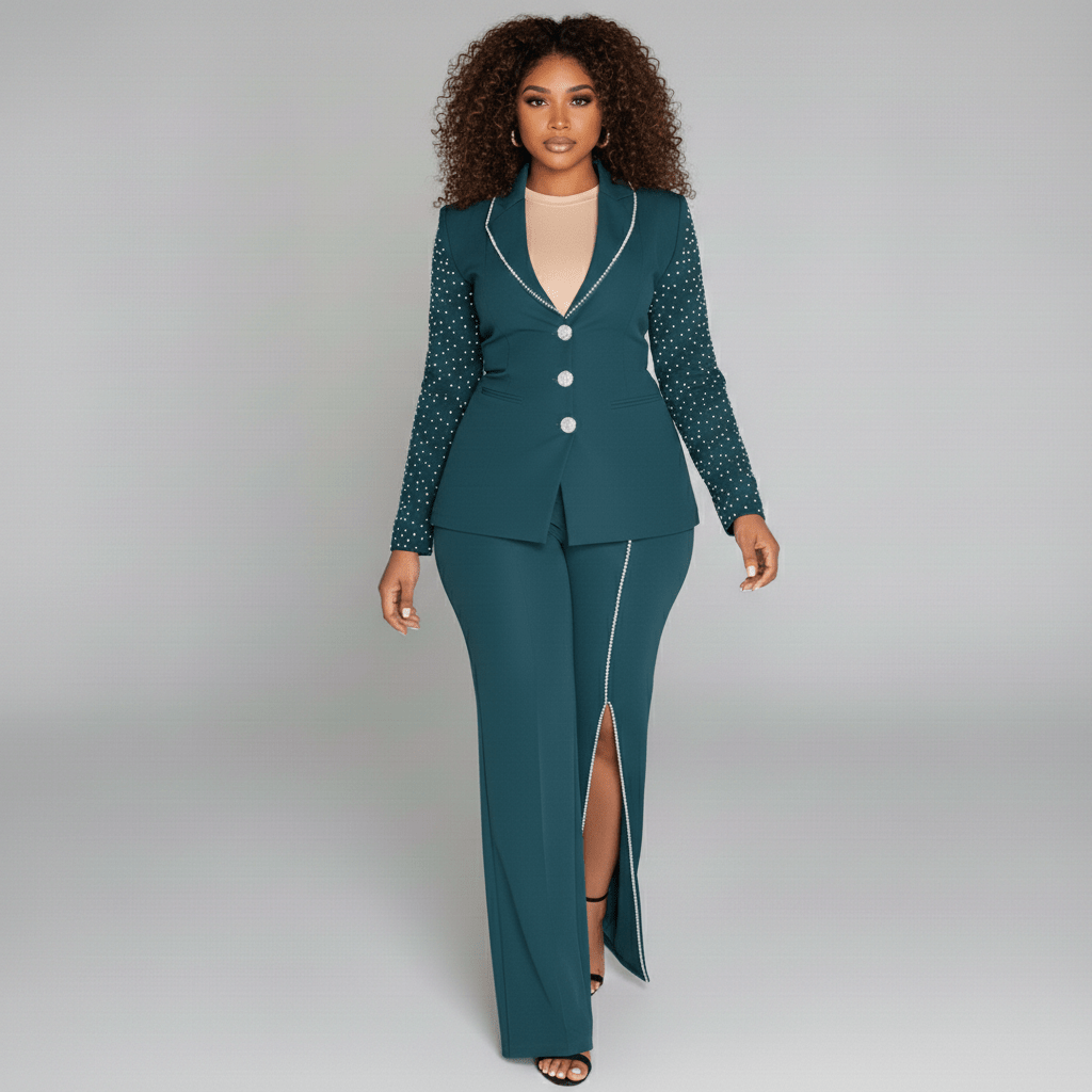 Everly Two Piece Set Pearl Detail Blazer and Split Pants - Deep Turquoise
