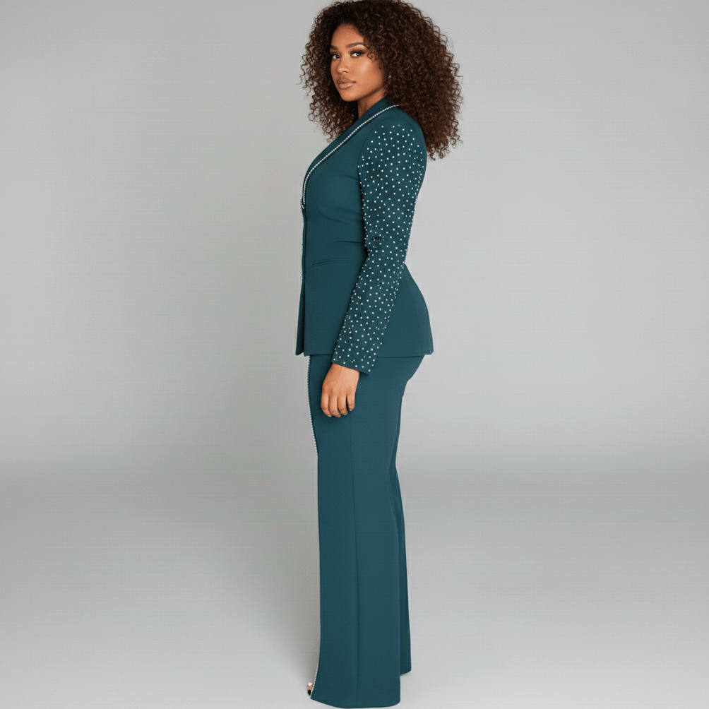 Everly Two Piece Set Pearl Detail Blazer and Split Pants