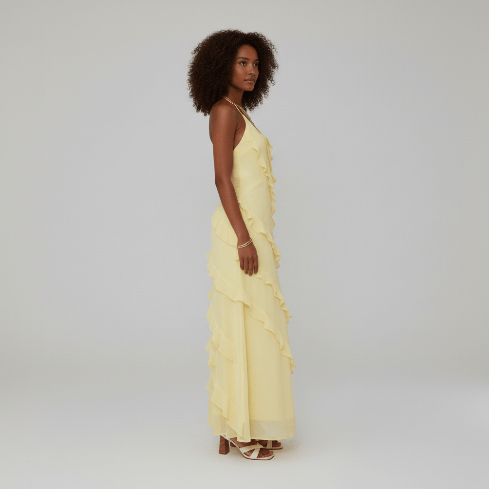 Francesca Halter Neck Ruffle Maxi Dress for Women with V-Neck
