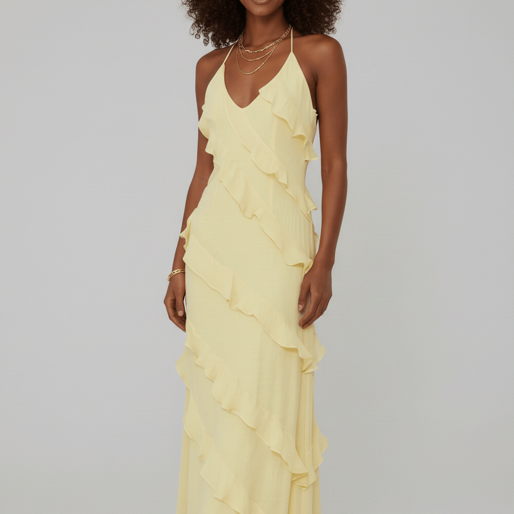Francesca Halter Neck Ruffle Maxi Dress for Women with V-Neck - Soft Yellow
