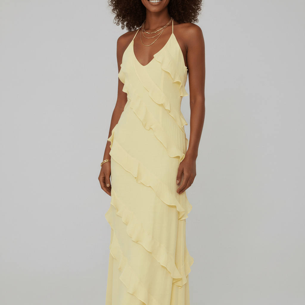 Francesca Halter Neck Ruffle Maxi Dress for Women with V-Neck - Soft Yellow
