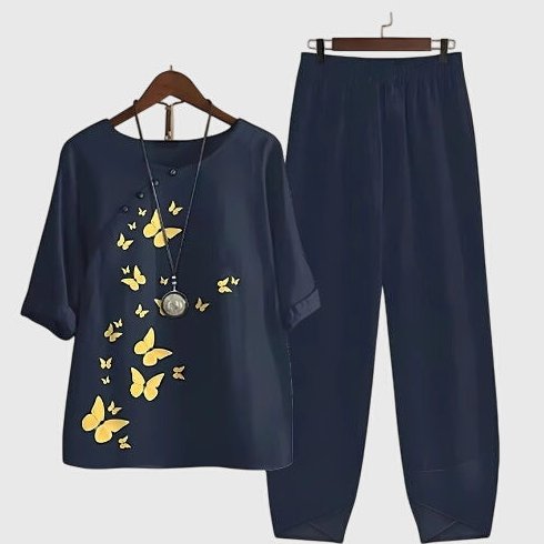 Hallie Printed Top and Trouser Co-ord Set for Women - Midnight Navy