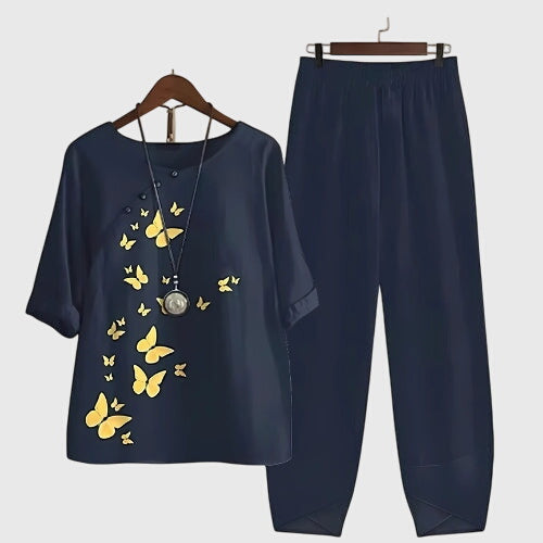 Hallie Printed Top and Trouser Co-ord Set for Women - Midnight Navy