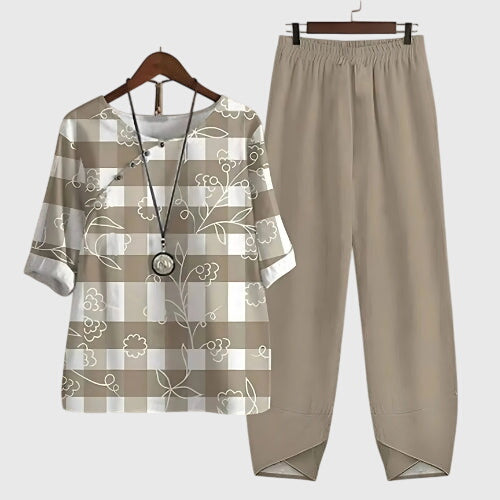 Hallie Printed Top and Trouser Co-ord Set for Women - Stone Beige