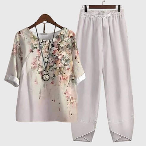 Hallie Printed Top and Trouser Co-ord Set for Women - Misty White