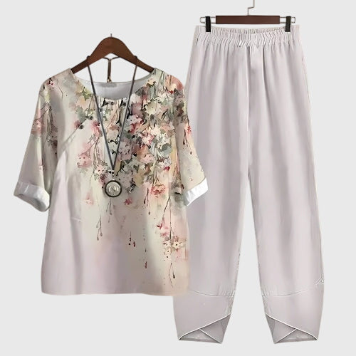 Hallie Printed Top and Trouser Co-ord Set for Women - Misty White