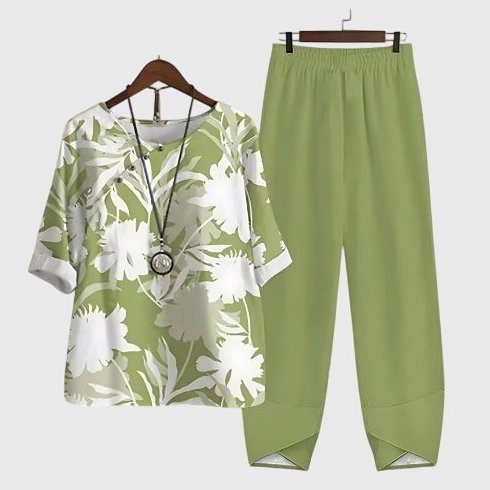 Hallie Printed Top and Trouser Co-ord Set for Women - Meadow Green