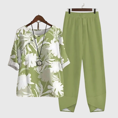 Hallie Printed Top and Trouser Co-ord Set for Women - Meadow Green