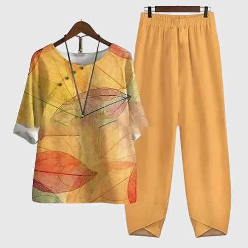 Hallie Printed Top and Trouser Co-ord Set for Women - Golden Yellow