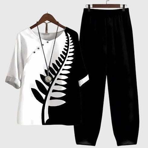 Hallie Printed Top and Trouser Co-ord Set for Women - Ebony Black