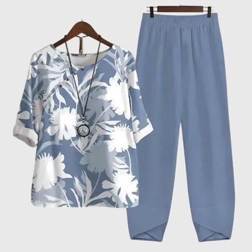 Hallie Printed Top and Trouser Co-ord Set for Women - Sky Blue