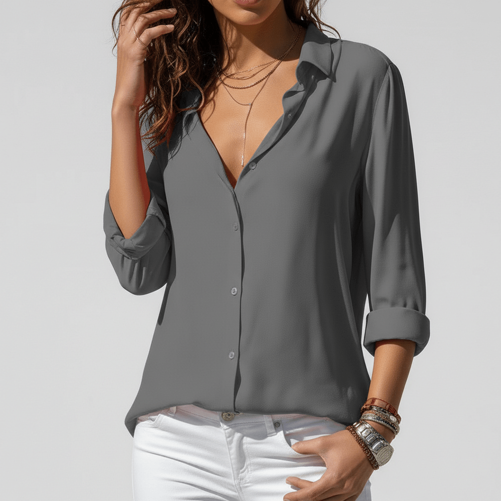Joyce Button-Up Long Sleeve Blouse with Shirt Collar - Classic Gray