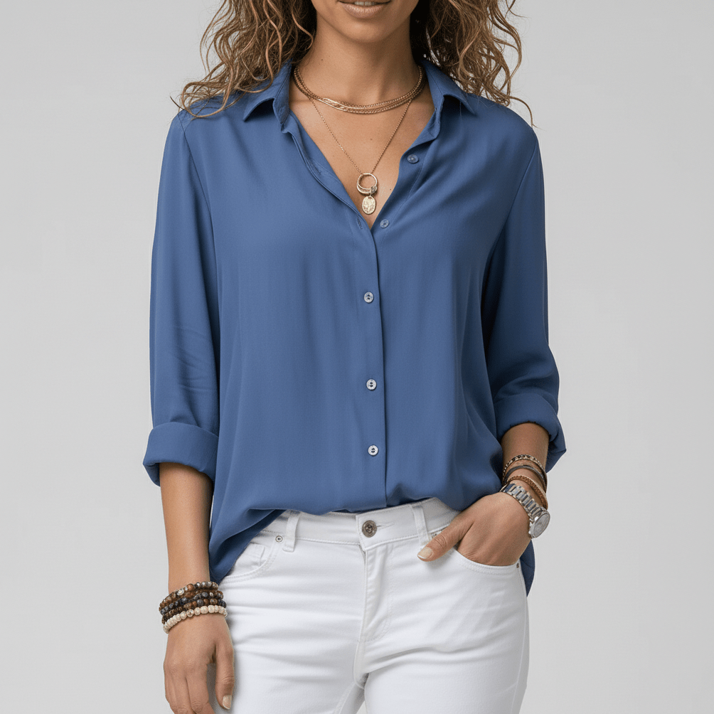 Joyce Button-Up Long Sleeve Blouse with Shirt Collar - Ocean Blue