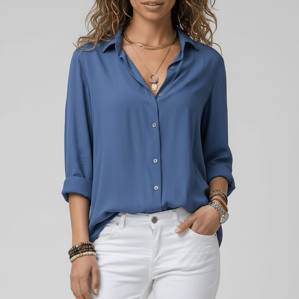 Joyce Button-Up Long Sleeve Blouse with Shirt Collar - Ocean Blue