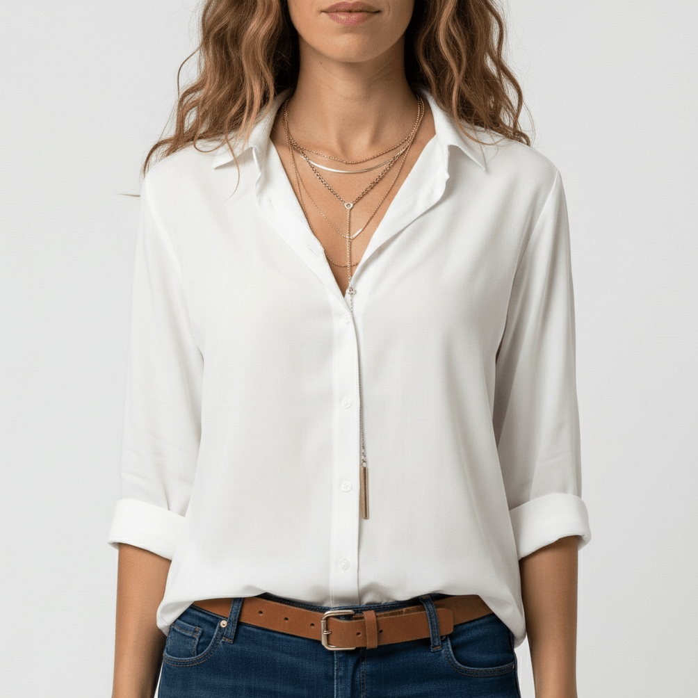 Joyce Button-Up Long Sleeve Blouse with Shirt Collar - Pure White