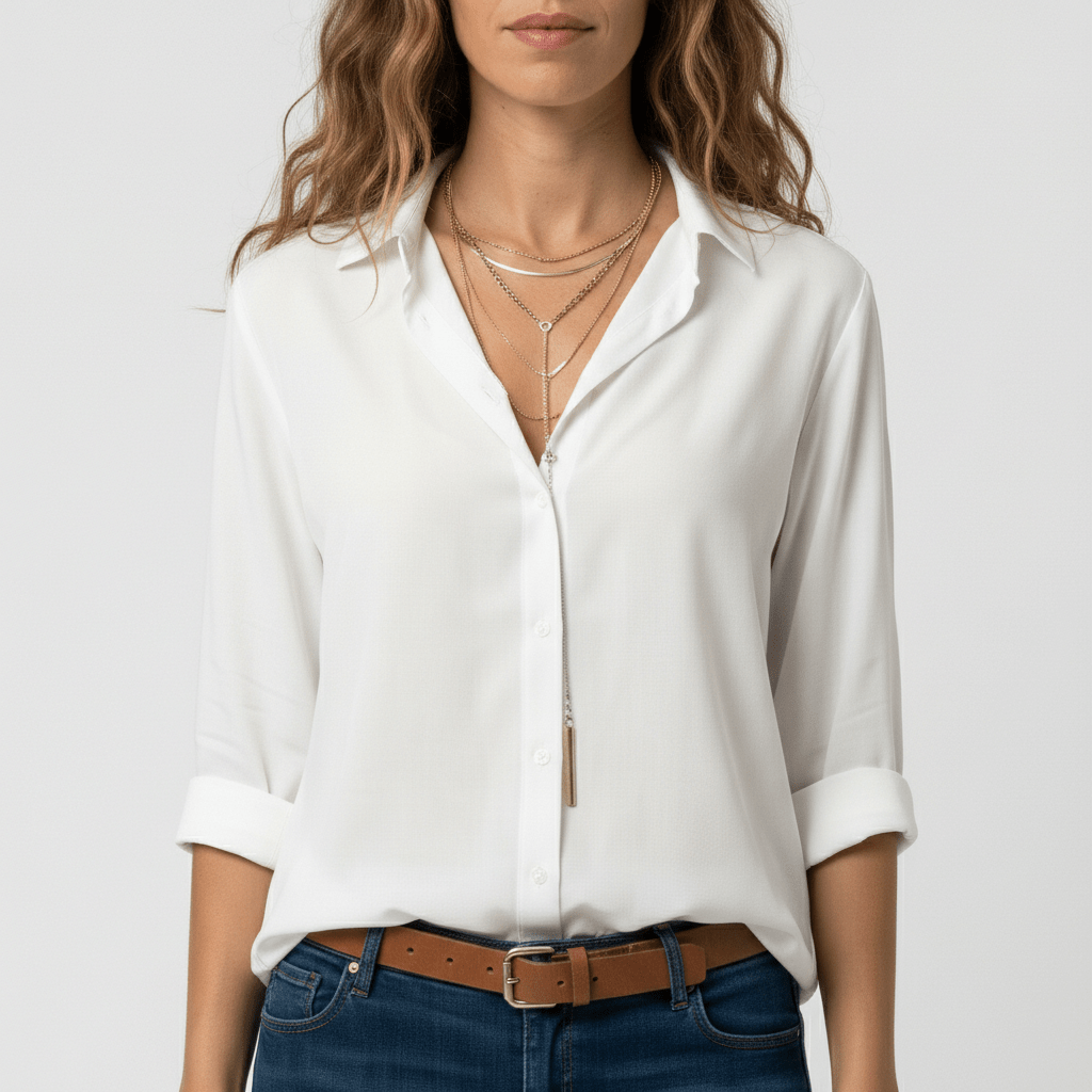 Joyce Button-Up Long Sleeve Blouse with Shirt Collar - Pure White