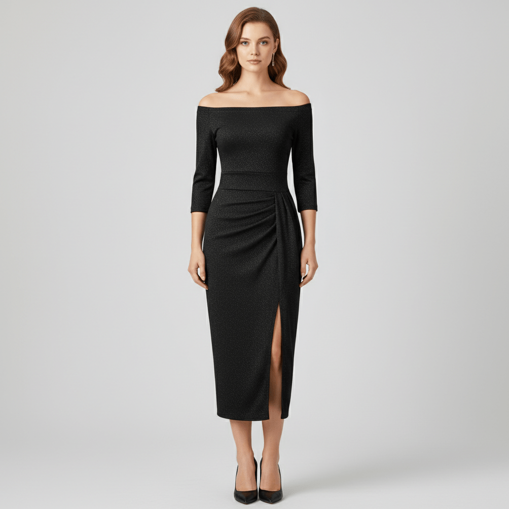 Keri Elegant Off-Shoulder Wedding Guest Dress - Midnight Black