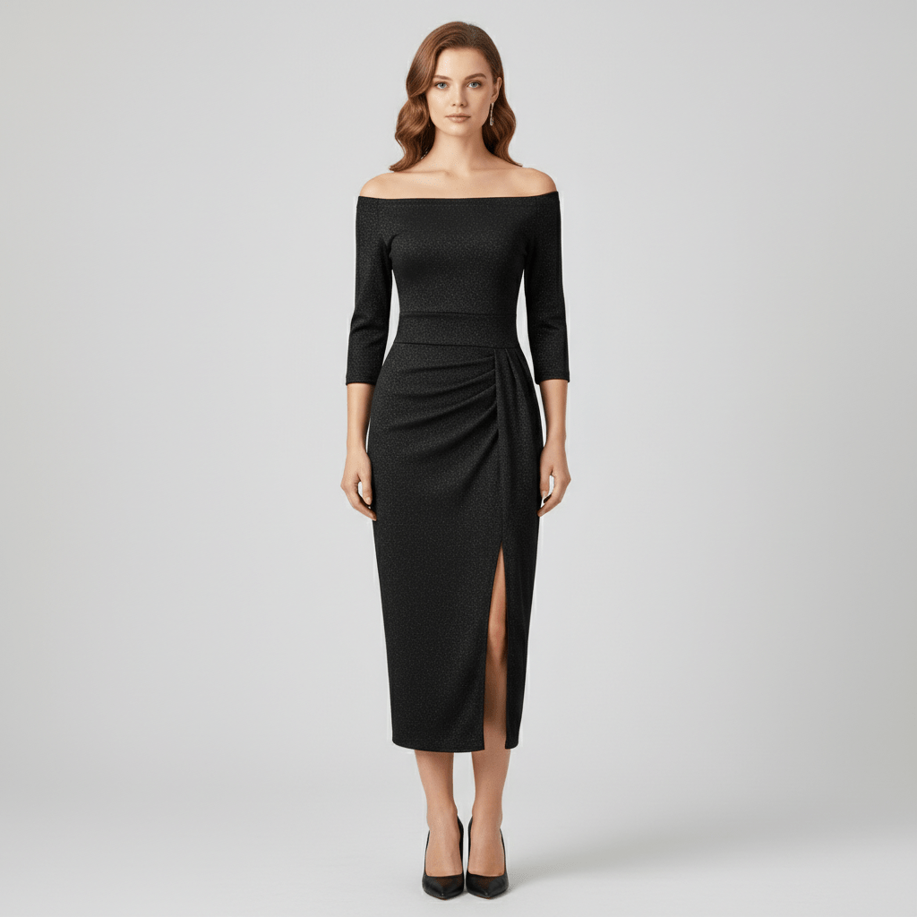 Keri Elegant Off-Shoulder Wedding Guest Dress - Midnight Black