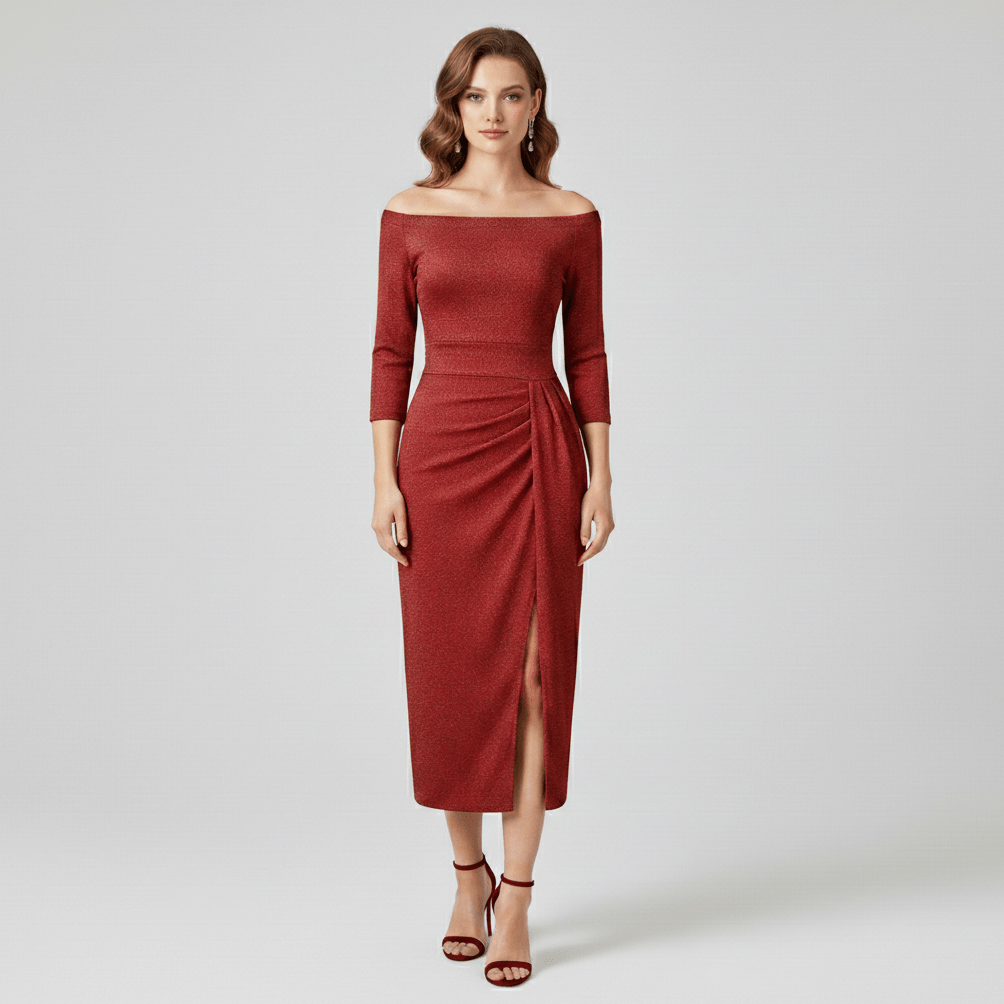Keri Elegant Off-Shoulder Wedding Guest Dress - Ruby Red
