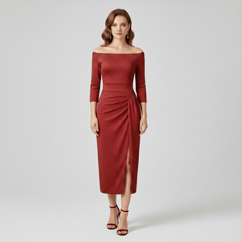 Keri Elegant Off-Shoulder Wedding Guest Dress - Ruby Red