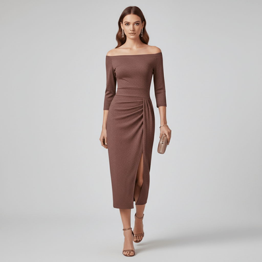 Keri Elegant Off-Shoulder Wedding Guest Dress - Coffee Brown