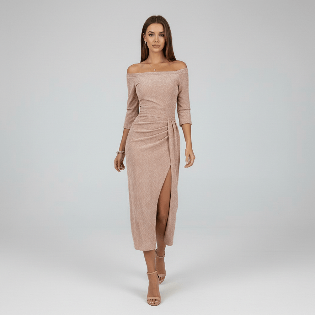 Kitty Elegant Off-Shoulder Wedding Guest Dress - Rose Gold