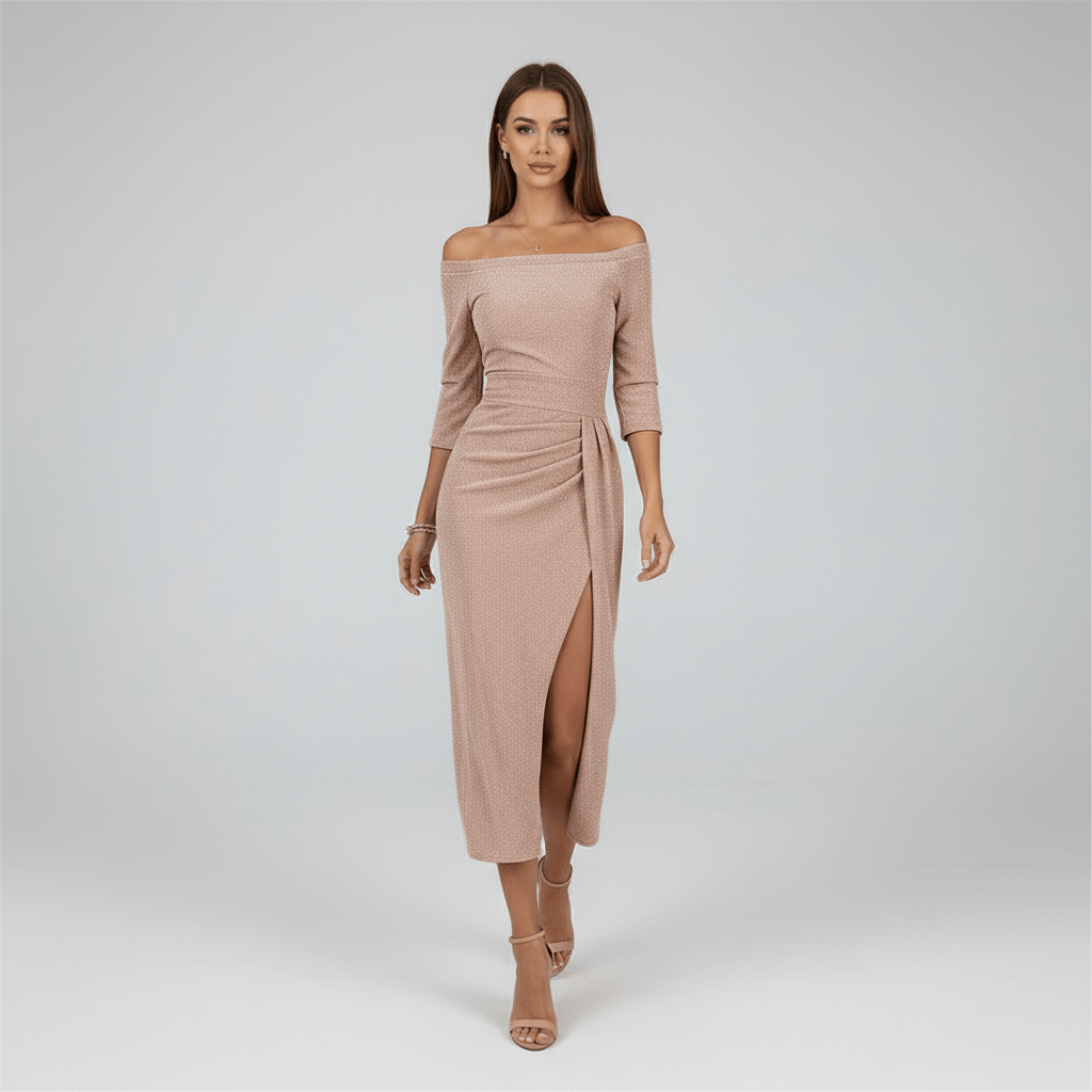 Kitty Elegant Off-Shoulder Wedding Guest Dress - Rose Gold