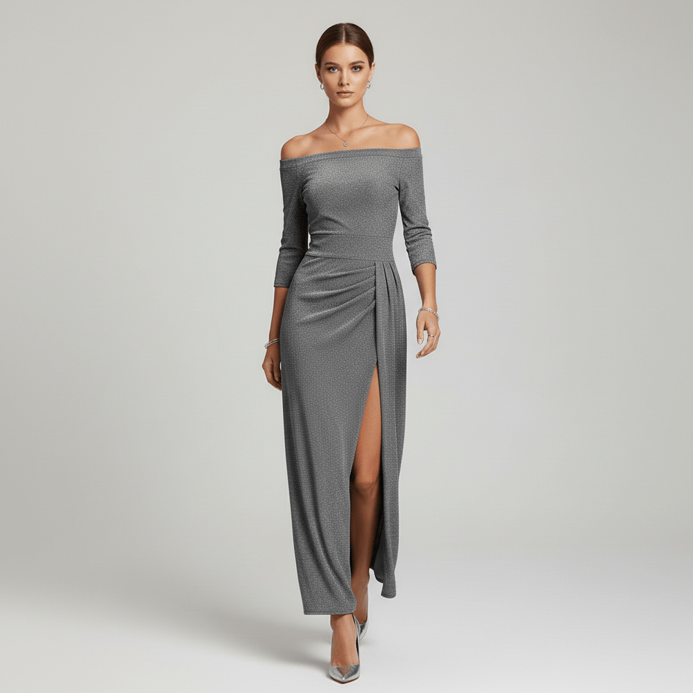 Kitty Elegant Off-Shoulder Wedding Guest Dress - Metallic Gray
