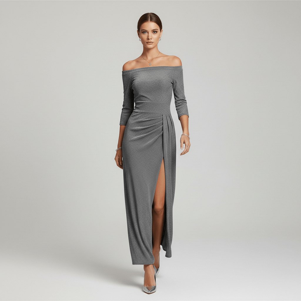 Kitty Elegant Off-Shoulder Wedding Guest Dress - Metallic Gray