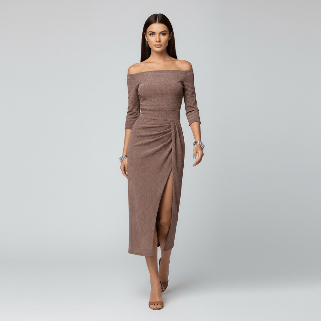 Kitty Elegant Off-Shoulder Wedding Guest Dress - Bronze Brown