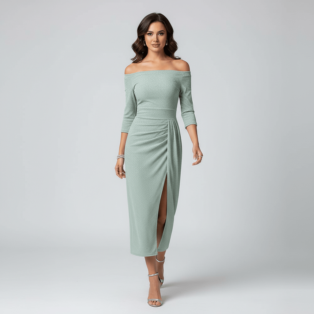 Kitty Elegant Off-Shoulder Wedding Guest Dress - Mint Green