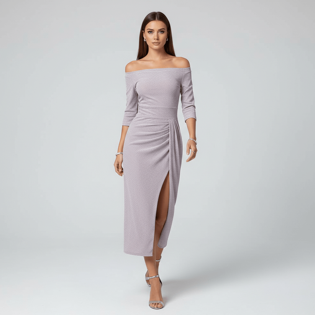 Kitty Elegant Off-Shoulder Wedding Guest Dress - Soft Purple