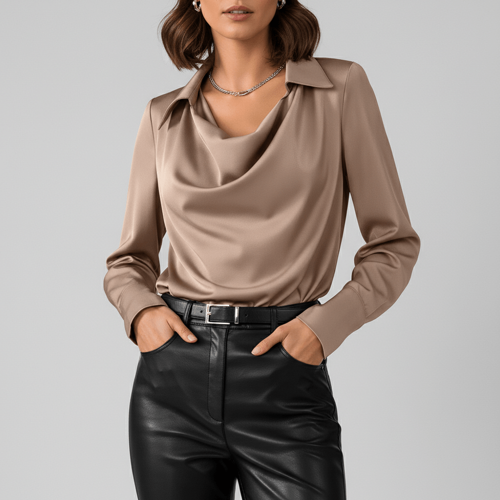 Lenora Cowl Neck Blouse with Long Sleeves for Women - Mocha Beige