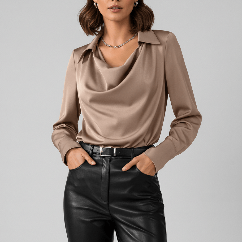 Lenora Cowl Neck Blouse with Long Sleeves for Women - Mocha Beige