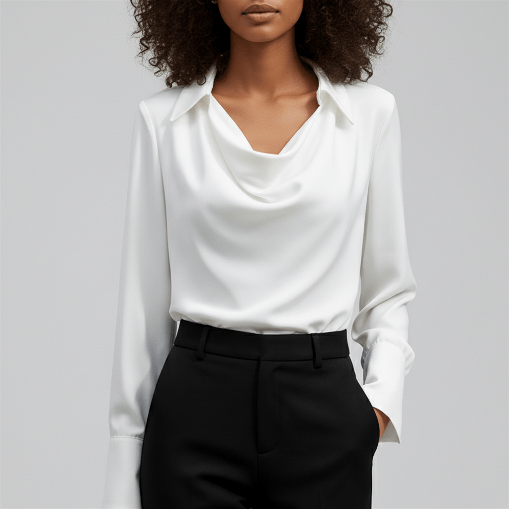 Lenora Cowl Neck Blouse with Long Sleeves for Women - Crisp White