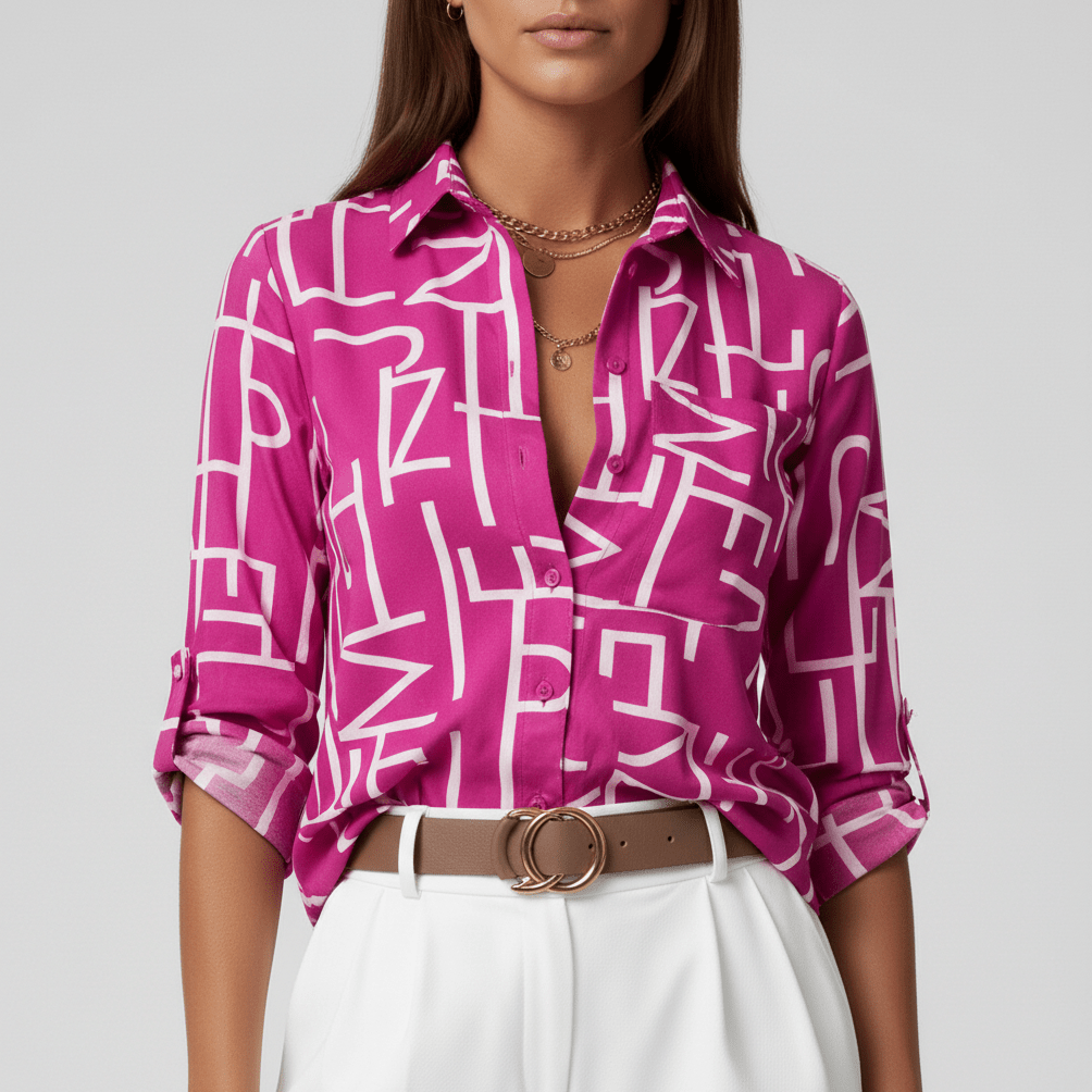 Lily Relaxed Fit Printed Button Blouse with Collar - Hot Pink